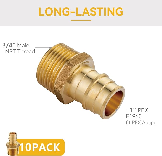 10 Pack PEX-A Expansion Fittings,1" PEX x 3/4" Male NPT Adapter,F1960 Male Threaded Adapter for Pex A Tubing, Copper(PEX1960022-10Pack)