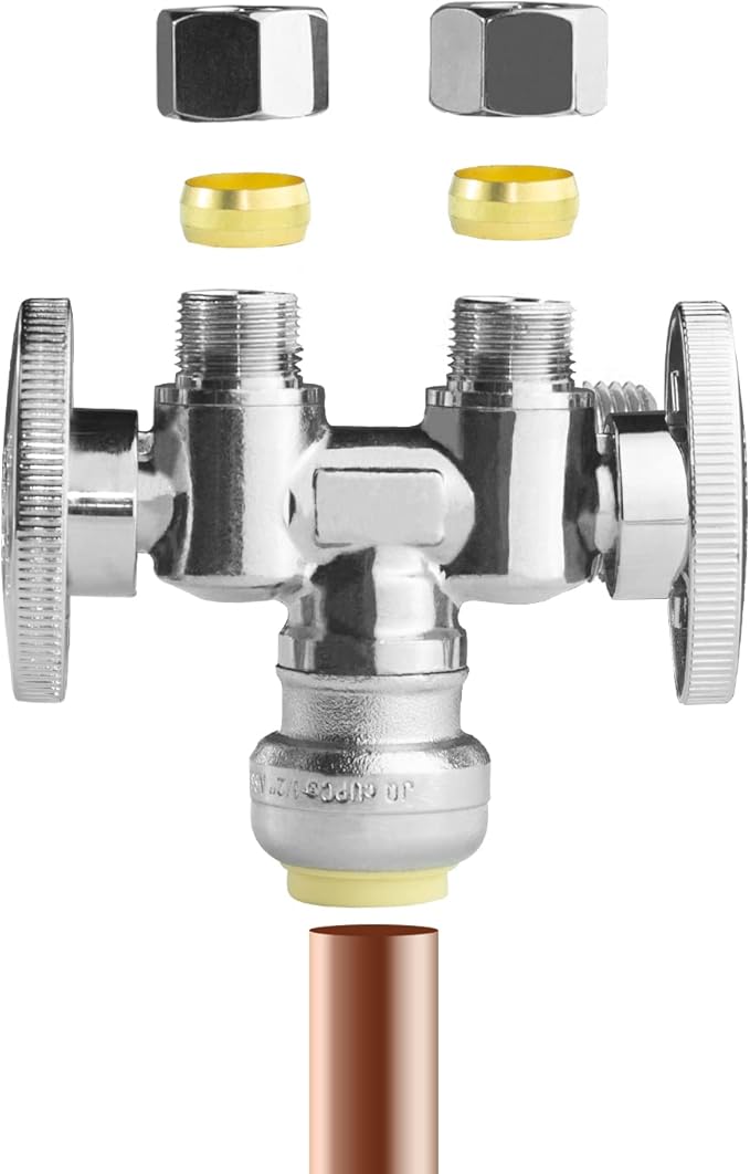 WiseWater 1/2" Push Fit x Dual 3/8" OD Compression Straight Stop Valve, 1/4 Turn Double Handles Shut Off Valve with Disconnect Clip, Chrome Plated Brass, Copper, PEX, CPVC, PE-RT Pipes (1 Pack)