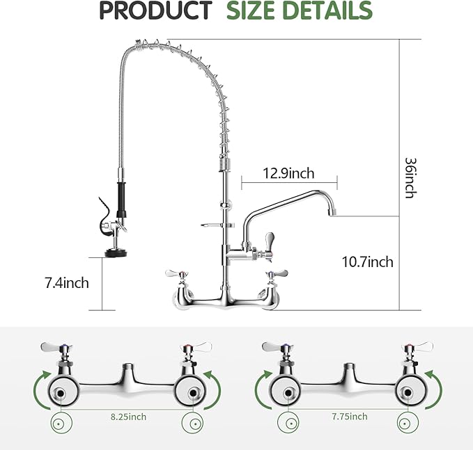 Commercial Sink Faucet,TOLSUNY Commercial Kitchen Faucet Wall Mount with Pre Rinse Sprayer,Wall Mounted Kitchen Sink Faucet for Industrial and Restaurant Sinks. (Classic, 36)
