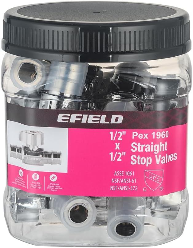 EFIELD 1/4 Turn Straight Stop Valve - Pex-A Cold Expansion 1/2" Pex X 1/2" Chrome Plated, ASTM F1960, Heavy Duty, LF Brass,(VALVE384)