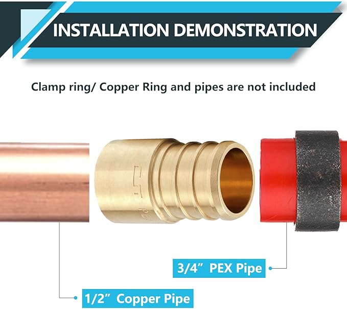 (10-Pack) PEX Fittings, Pex 3/4"x1/2" Female Sweat Copper Adapter, Brass Crimp Fittings, for PEX Tubing Pipe Plumbing, ASTM F1807(PEX1807133)
