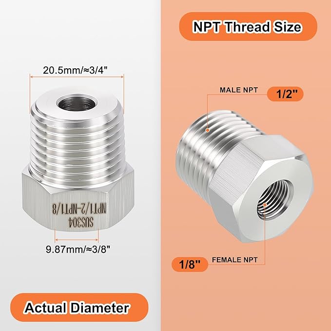 5 Pack 304 Stainless Steel Male to FeMale Adapter, 1/2" Male NPT x 1/8" FeMale NPT Hex Bushing Reducer for Industrial, Automotive, Fluid Transfer, Home Gardening, Water Treatment