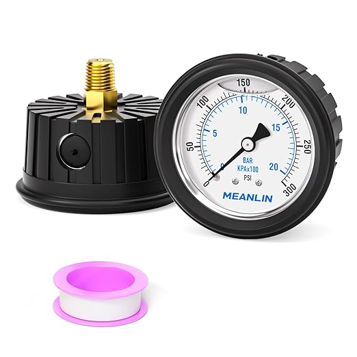 MEANLIN MEASURE 0~300Psi Stainless Steel Liquid Filled Pressure Gauge 1/4" NPT 2.5" FACE DIAL with Rubber Protective Sleeve, Center Back Mount