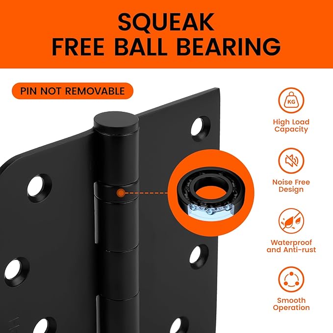 Haidms 3pack Heavy Duty Matte Black Door Hinges Ball Bearing Door Hinges 4 Inch Black Stainless Steel Hinges with Square & 5/8'' Round Radius Corner