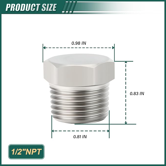 2PCS Stainless Steel Outer Hex Thread Socket Pipe Plug Fitting, 1/2" NPT Male, for Blocking or Sealing Holes in Pipes or Devices