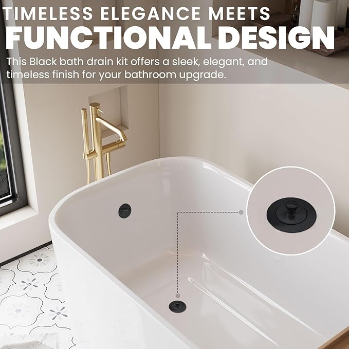 Matte Black Bathtub Drain Kit - Lift and Turn - Black Tub Drain and Overflow Cover. Universal Fit 1-3/8" and 1-1/2"