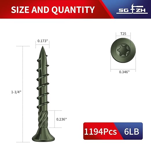 #8 x 1-1/4" Deck Screws (1194Pcs) 6lb. Carbon Steel, Green, Flat Head, Rust Resistant epoxy Coated, with T25 Star Bit