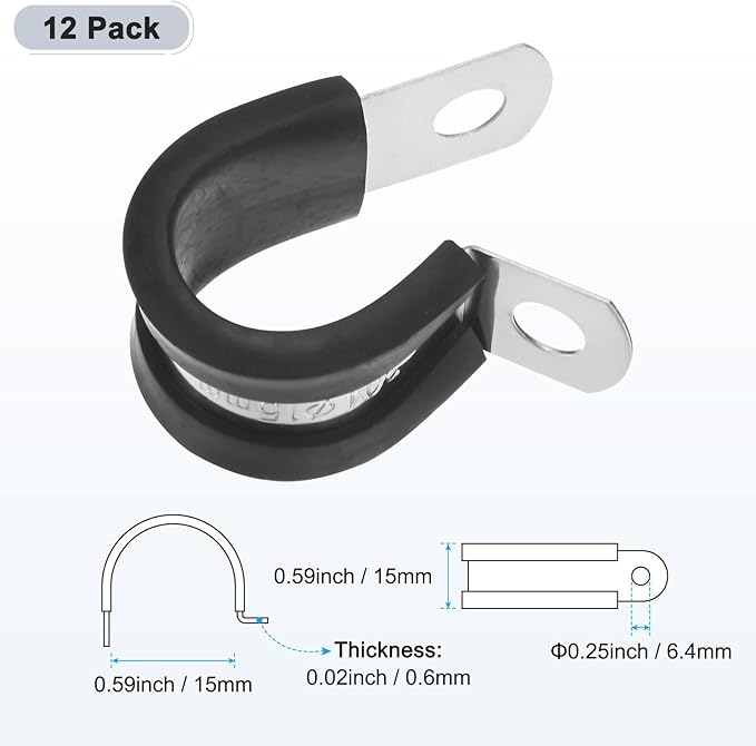 12-Pack Cable Clamps, 19/32 Inch/ 15 mm 304 Stainless Steel Rubber Cushioned Insulated Cable Clamp R Shape Metal Holder for Tube/Wire/Pipe/Loop Installation