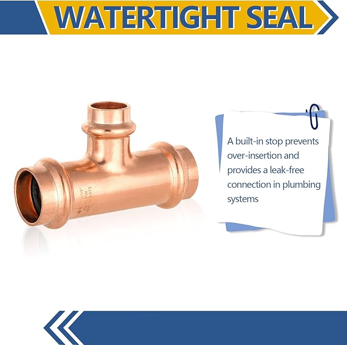 30-Pack GUOFIS Copper Press Tee,3/4" x 3/4"x 1/2" Tee Fittings for Copper Tube Connection with Stop(PRESS018-30Pack)