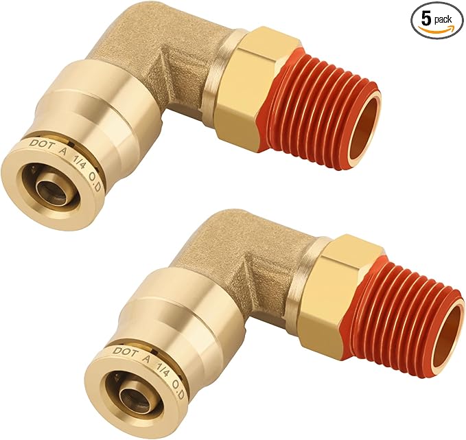 1/4" Quick Push to Connect Fittings Brass 90 Degree Union Swivel Elbow Joint DOT Approved 1/4" Tube OD x 1/8" NPT Thread Air Brake Line Adapter Air Suspension Kit for Car Truck Trailers 2pcs