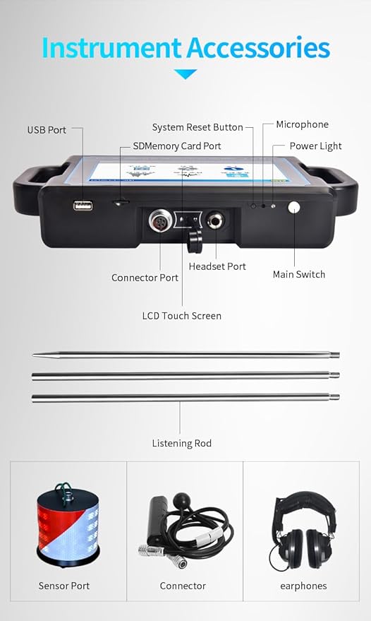 PQWT CL200 Water Leak Detectors for Home and Outside Wall Water Pipe Detector Acoustic Pipeline Leakage Detection Kit Professional Sensor Noise Reduce Headphone LCD Touchscreen Carry Case 2 Meters