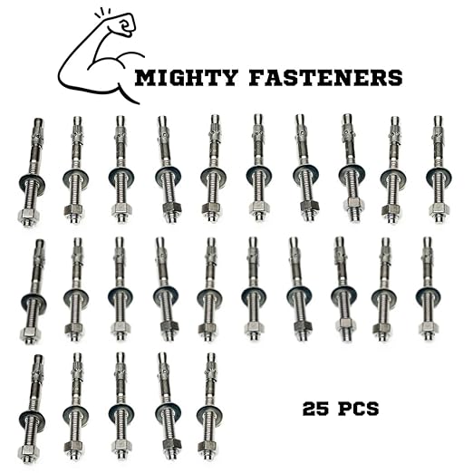 Wedge Anchors – Heavy-Duty 304 Stainless Steel Expansion Bolts for Concrete & Masonry, Rust-Resistant & Durable - 3/8" X 3-3/4" - 25 Pack