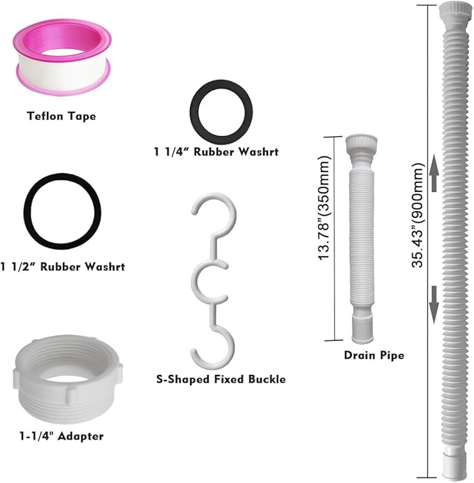 White Flexible Expandable Bathroom P Trap, 1 1/4 to 1 1/2 Sink Drain Adapter Included, Wash Basin Rubber Tips Sink Drain Pipe, Universal Extension Tube for Kitchen Bathroom Sink Sewer Drain