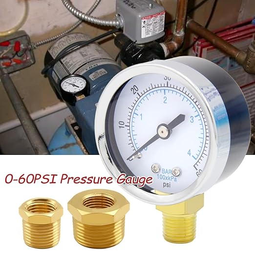 Pressure Gauge 0-60PSI 1/4" NPT Male Brass Bottom Mount 2" Dial Stainless Steel Case Include 1/2" NPT and 3/8" NPT Connector Universal Multifunctional