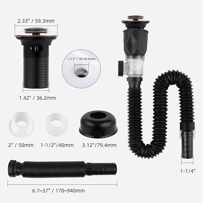 iFealClear Bathroom Sink Drain Kits, Flexible P-Trap Drain Pipe with Pop Up Stopper, Bathroom Sink Pipe Replacement with 2 Adapters, Fits 1-1/4'', 1-1/2'', 2" Holes, Hair Catcher, Oil Rubbed Bronze