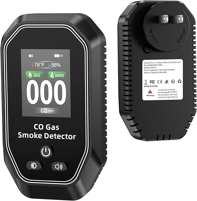 6-in-1 Portable Carbon Monoxide Detectors Plug in, MODOFO TOOL Smoke and Carbon Monoxide Detector with Built-in Battery, Natural Gas Leak Detector, HD Display for CO, Gas, Smoke, Temp, Humidity Black