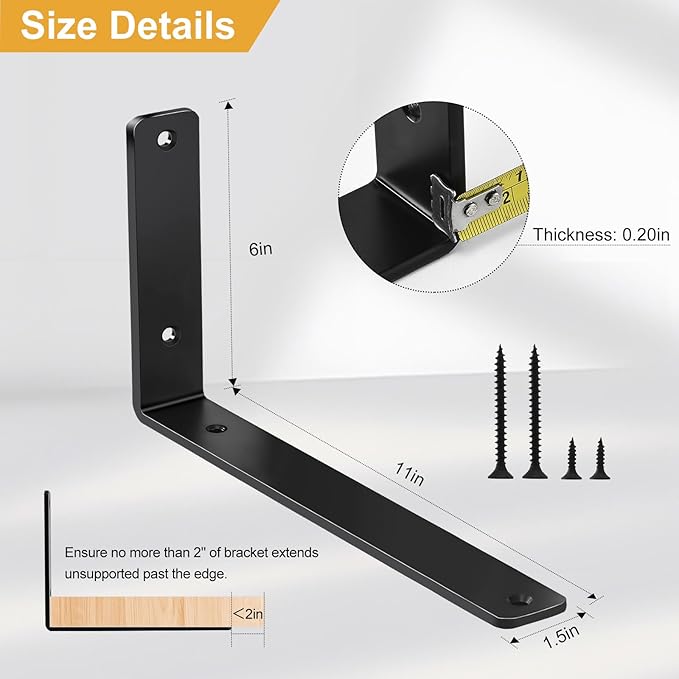 12 Pack - L 11" x H 6" x W1.5, 5mm Thick Black L Shelf Bracket, Iron Shelf Brackets, Metal Shelf Brackets, Floating Shelf, Shelf Supports with Screws