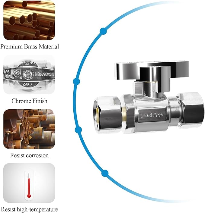 WiseWater Straight Stop Valve 3/8"FIM x 3/8" Compression, 1/4 Turn Chrome Plated Brass Shut Off Valve for Sink, Ice Maker, RV Water Line (10-Pack)