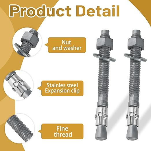 3/8 x 3-3/4 inch Wedge Concrete Anchors kit Galvanized Carbon Steel, Expansion Screw Bolt Heavy Duty Fasteners for Masonry Concrete (Pack of 20)