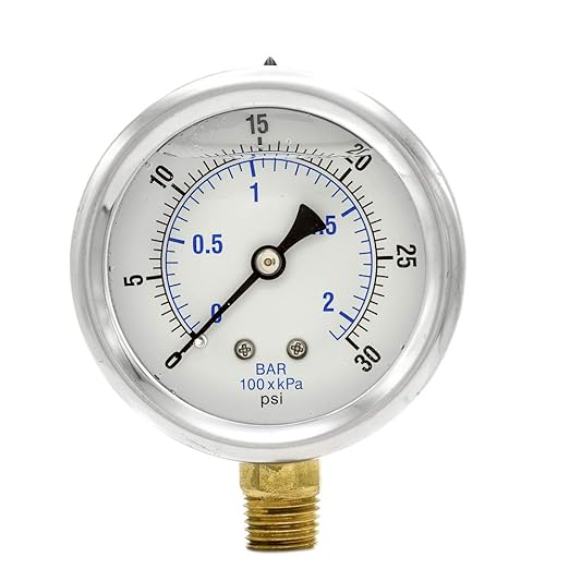 PIC Gauges PRO-201L-254C 0-30 PSI Pressure Gauge, 2 1/2" Dial, 1/4" Male NPT Connection, Bottom Mount, Dual Scale, Glycerin Filled, Stainless Steel Case/Bezel, Brass Internals & Plastic Lens