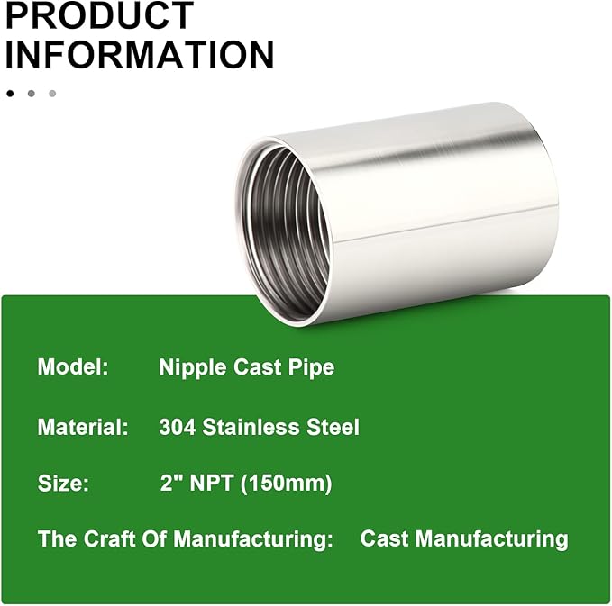 TAISHER 1PCS Stainless Steel Pipe Fittings, 2" NPT Female x 2" NPT Female Threaded, 6" Length Nipple Cast Pipe