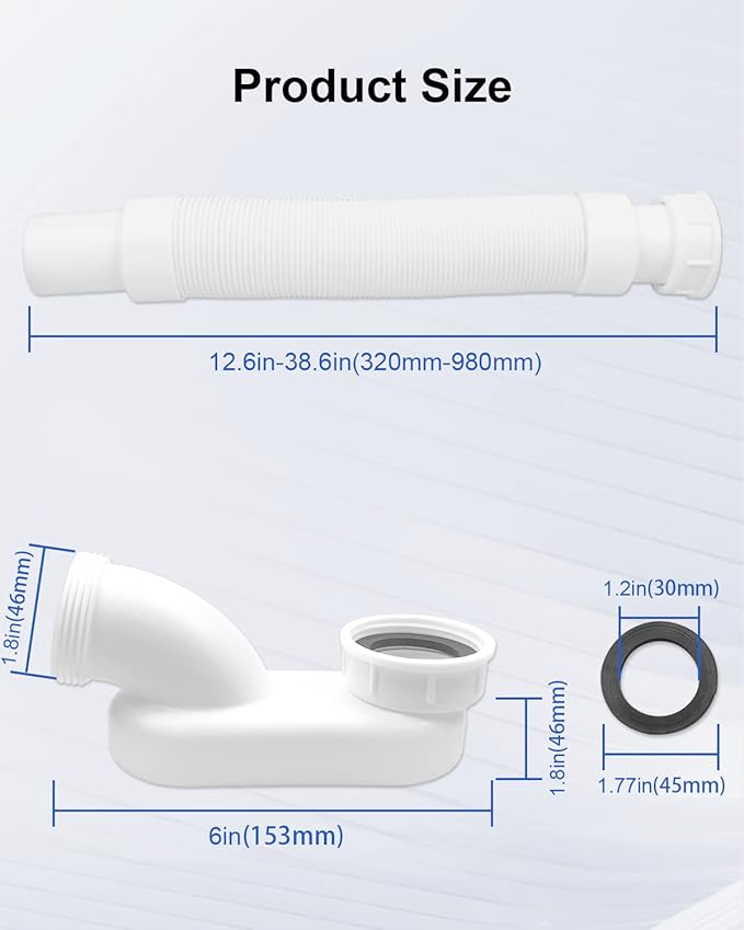 Bathtub Shower Drain Pipe, Low Profile Flat 1 1/2 P Trap Kit, Flexible Freestanding Tub Drain for Bath White