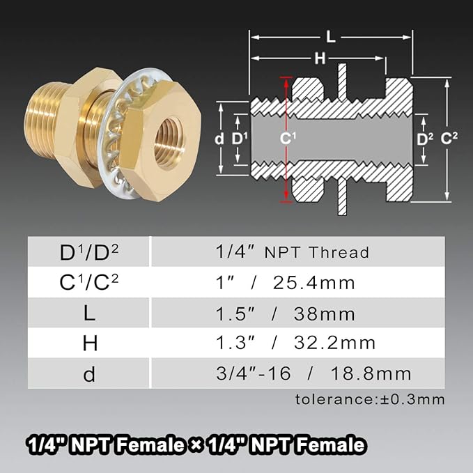2pcs Brass Bulkhead Fittings 1/4” NPT Female to 1/4” NPT Female Thread Bulkhead Straight Connector Brass Coupling 1.5” Length Outer Diameter 3/4”-16 Bulkhead Tank Air Hose Line Pipe Fittings