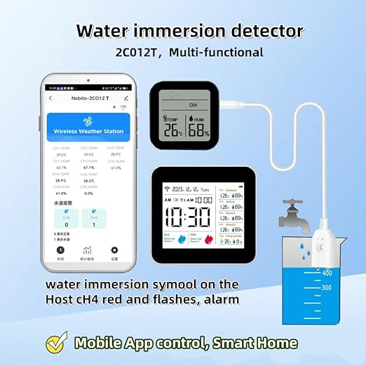 WiFi Smart Weather Station,Water Sensor Leak Detector Alarm for Kitchen, Bathroom,Flood Water Leakage,Indoor and Outdoor Wireless Temperature and Humidity Meter，Thermometer Probe for Aquarium