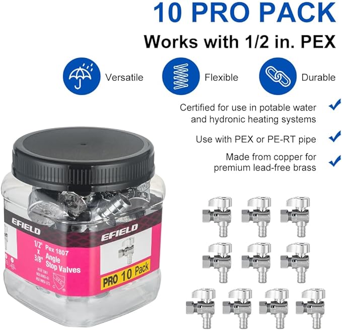 Pro 10-Pack EFIELD 1/4 Turn 1/2 in. Crimp PEX Barb Crimp Inlet x 3/8 in. Compression Outlet Angle Valve, Chrome Plated Brass, Heavy Duty,(VALVE374)