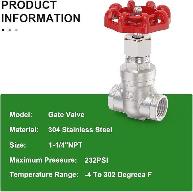 TAISHER 1PCS 304 Stainless Steel Gate Valve, 1-1/4" NPT Female Rotary Sluice Valve With Wheel Handle, For Water, Oil, Gas
