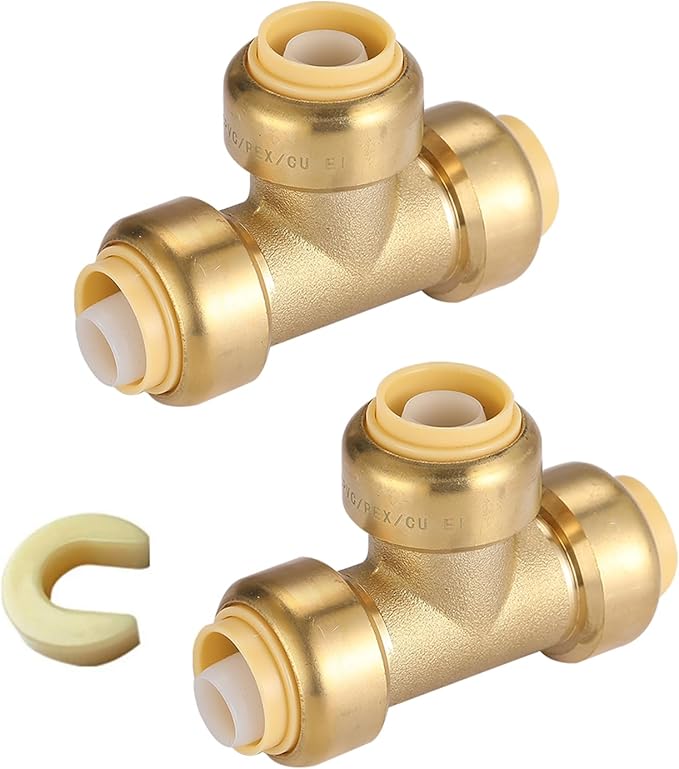 3/4" Pushfit Tee,2 Pack PEX Brass Push-fit Tee with 1 Pack Disconnect Clip, Push-to-Connect Plumbing Fittings for PEX, Copper, CPVC