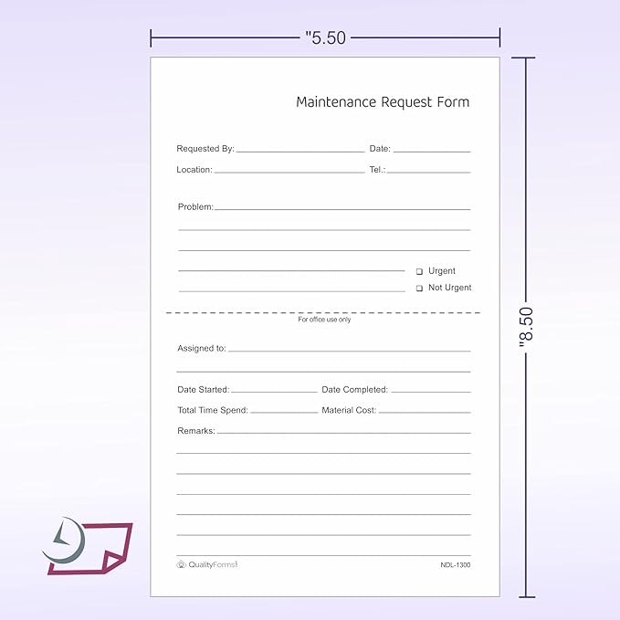 NextDayLabels - Maintenance Request Forms, 3 Part NCR Carbonless, 5-1/2" x 8-1/2" - 100 Sets - Made in The USA