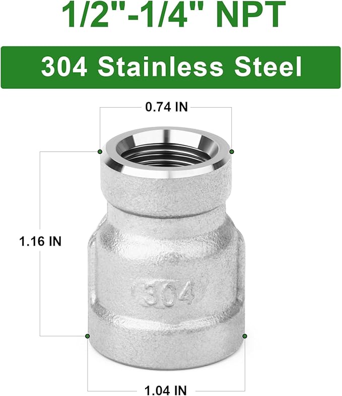 TAISHER 5PCS 304 Stainless Steel Cast Pipe Fitting, Reducer Coupling, 1/2" x 1/4" NPT Female Threaded