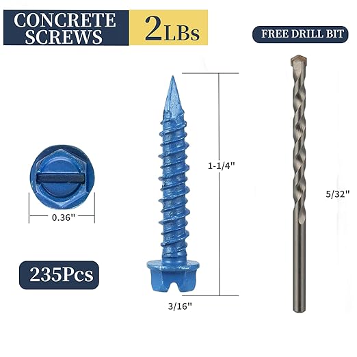 235Pcs 3/16 x 1-1/4 in Concrete Screws with Drill bits,Masonry Screws for Concrete Assortment Kit,Hex Head Block Cement Stacoo Screws and Anchors,Diamond Point,Blue Coated(2LB)