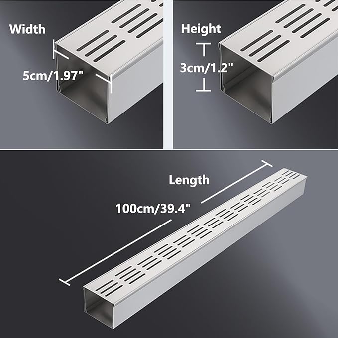 Narrow Channel Drain Grate, 304 Stainless Steel Trench Drain System with Grate, Outdoor Shallow Channel Drainage Kit for Yard, Patio, Driveway Garage (39.4" Lx1.97 Wx1.2 H)