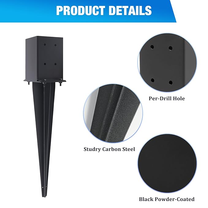 2 Pcs 4"x4" Fence Post Anchor Ground Spike 22"(Actual 3.6"x3.6") Heavy Duty Metal Fence Post Anchor with Black Powder-Coated for Deck,Fence,Porch,Railing,Mailbox