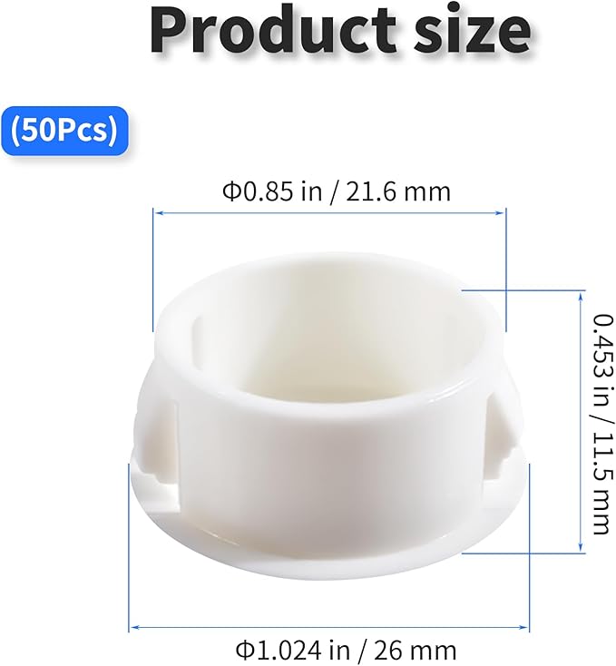 50 Pcs OD 0.85"(21.6mm) White Hole Knockout Locking Plugs,Plastic Nylon Round Drilling Hole Plugs,Flush Type Panel Round Snap in Fastener,Tube Fastener Cover for Furniture Insert End Caps