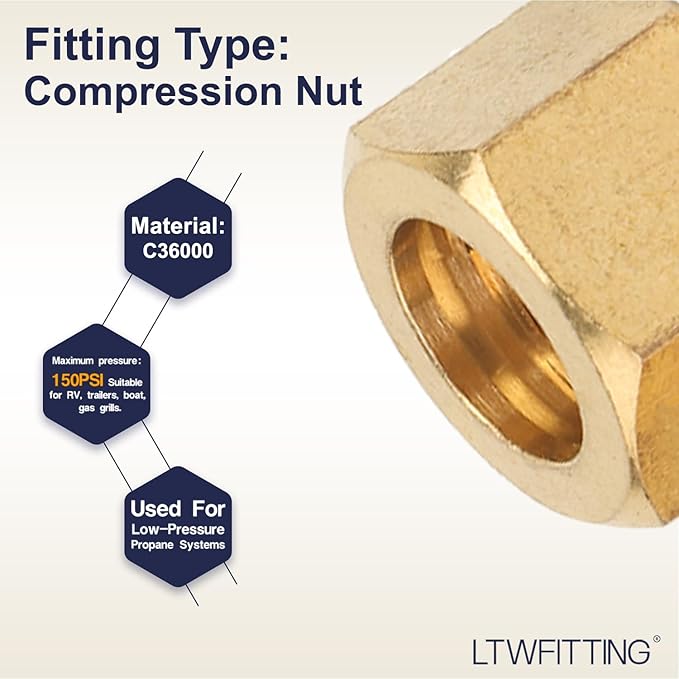 LTWFITTING 7/16-Inch Brass Compression Nut,Brass Compression Fitting(Pack of 100)