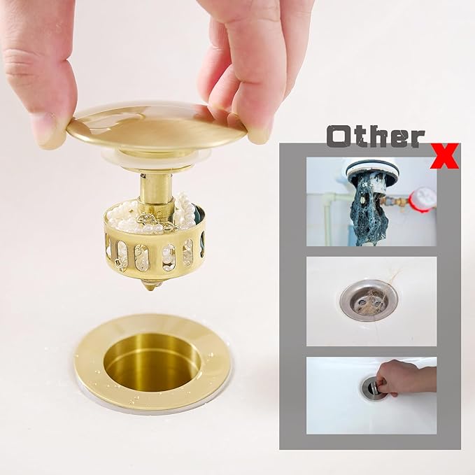 VOTON Brushed Gold Pop Up Bathroom Sink Drain with Overflow Assembly with Strainer Lavatory Vanity Vessel Pop Up Drain Stopper
