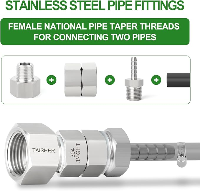TAISHER 2PCS 304 Stainless Steel Garden Hose Adapter, 3/4" GHT Female x 3/4" GHT Female Swivel Garden Hose Connector with Washers