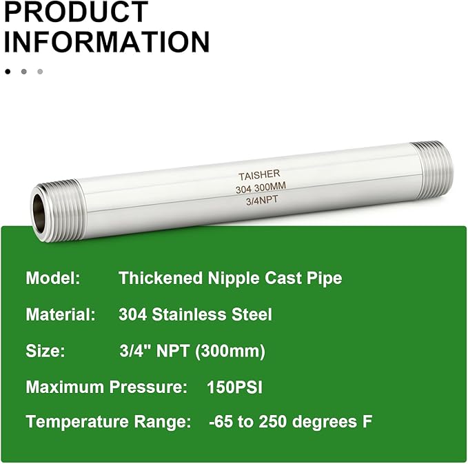 TAISHER 2PCS Stainless Steel Pipe Fittings, 3/4" NPT Male x 3/4" NPT Male Threaded, 12" Length Thickened Nipple Cast Pipe