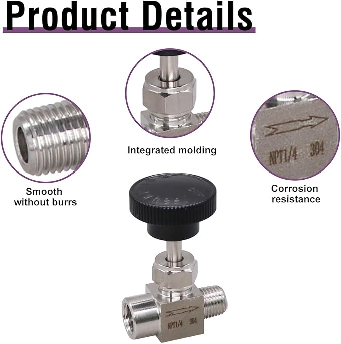 Gas Needle Valve 1/4 NPT Female x 1/4 NPT Male, Stainless Steel Industrial Control Valves for Oil and Water, 1PC