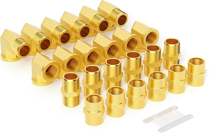 GASHER 24PCS 3/8 Inch NPT Brass Pipe Fittings, Hex Nipple, Hex Coupling, 90 Degree Barstock Street Elbow Air Hose Fittings