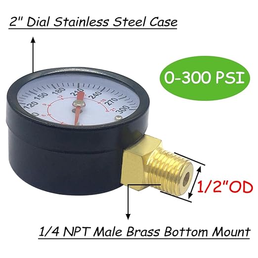 Pressure Gauge 0-300PSI 1/4" NPT Male Brass Bottom Mount 2" Dial Stainless Steel Case Include 1/2" NPT and 3/8" NPT Connector Universal Multifunctional