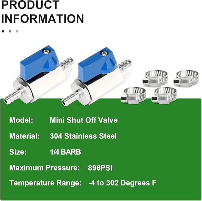 TAISHER 1PCS 304 Stainless Steel 1/4" Mini Ball Valve Shut Off Switch, 1/4” Hose Barb with 2PCS Hose Clamps