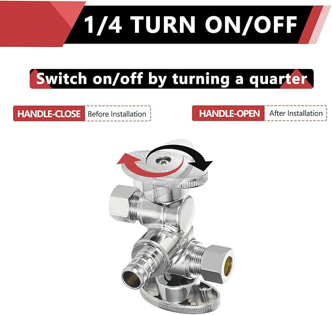 EFIELD 1/4 Turn Dual Compression Outlet Angle Stop Valve with 2 Shut Off Valve/Handles, 1/2" Barb Crimp Pex Pipe Inlet X (3/8 inch x 3/8 inch),Pack of 1 Brass,(VALVE175)