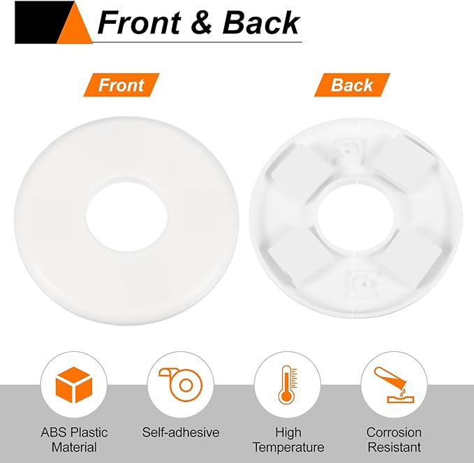 HARFINGTON 8pcs Wall Split Flange 33.5mm/1.3" Self-Adhesive Plumbing Cover Plates ABS Plastic Round Escutcheon Plate Buckle Design for Water Pipe Bathroom Kitchen Decoration, White