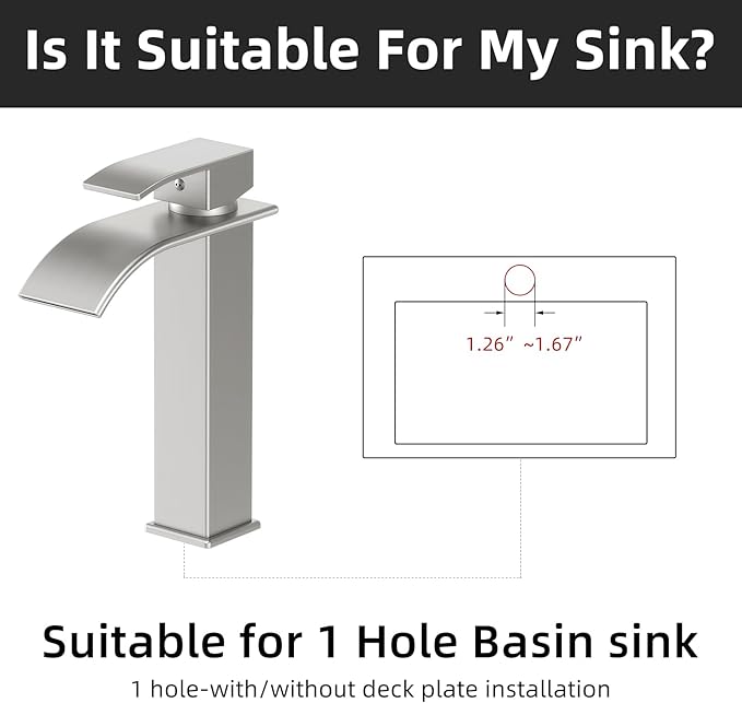 Rywuanku Tall Brushed Nicklel Bathroom Faucet Waterfall Spout, Single Handle Sink Faucet with Pop-up Drain & Deck Plate, Modern 1 Hole Vanity Faucet for RV, Farmhouse, Camper or Bathroom