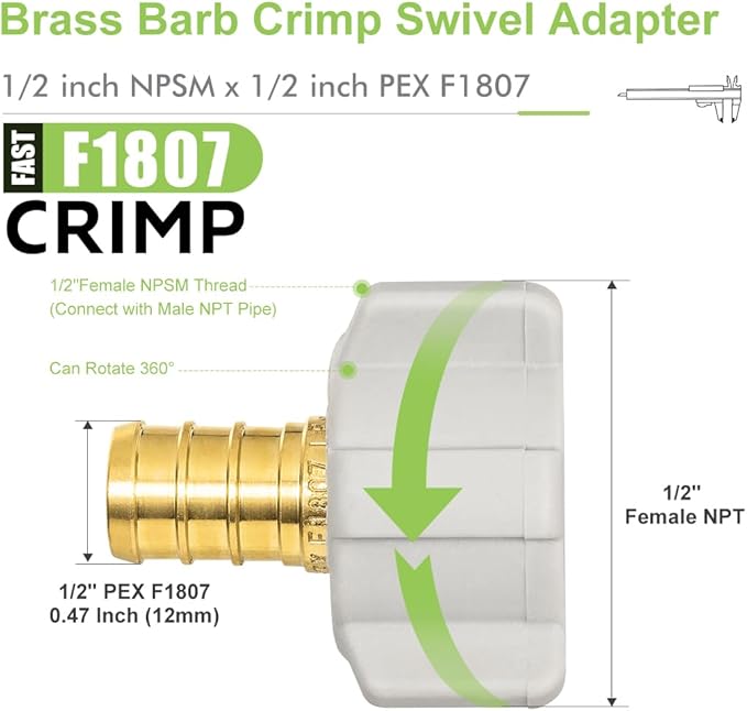10 Pack Female NPT Swivel Adapter, PEX 1/2" x 1/2" NPSM Female Threaded Brass Barb PEX Fittings, Full Port for pex pipes, NSF/ANSI 61 NSF 372 Certificate, ASTM F1807 Certified
