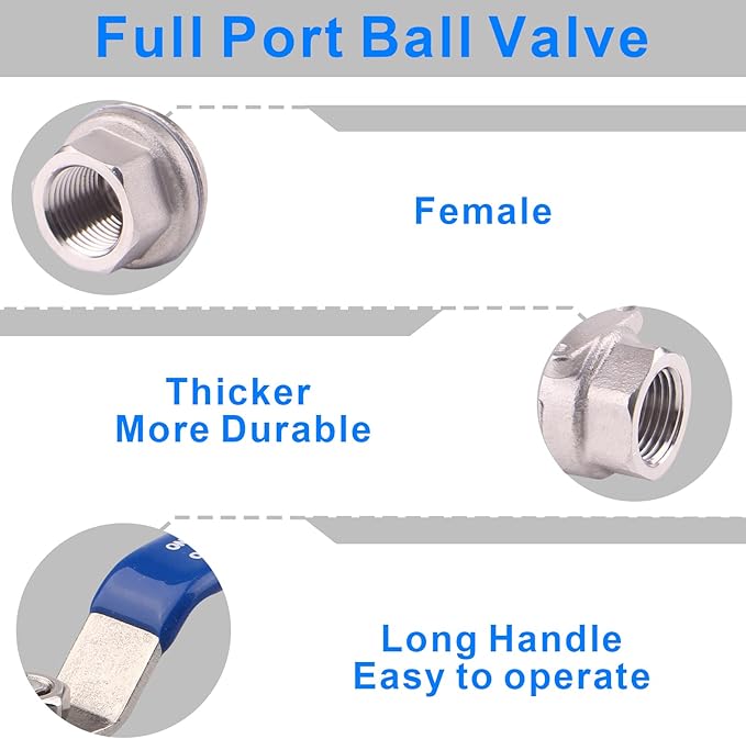 DERNORD Full Port Ball Valve Stainless Steel 304 Heavy Duty for Water, Oil, and Gas with Blue Locking Handles (3/8" NPT)